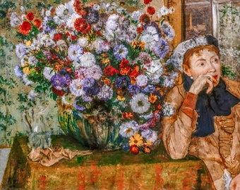 エドガー・ドガ - 花瓶の花の横に座る女性 1865年 美術館品質の