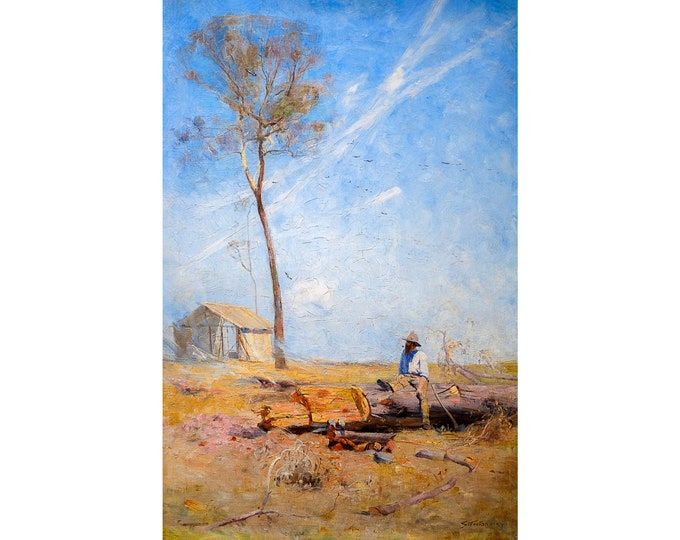 Arthur Streeton, The selector's hut (Whelan on the log), 1890 | Art Print | Canvas Print | Fine Art Poster | Art Reproduction | Archival
