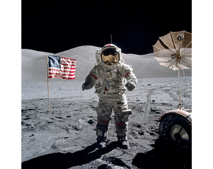 Moon Landing, NASA Astronaut, American Flag | Art Print | Canvas Print | Fine Art Poster | Art Reproduction | Archival Giclee | Gift Wrapped