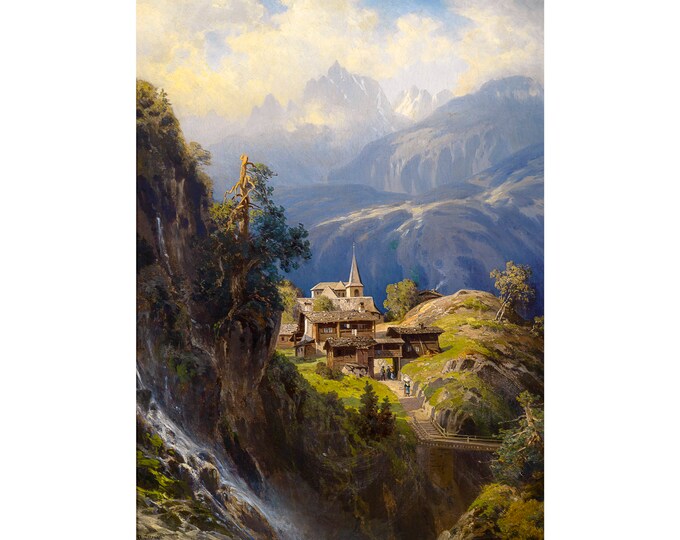 Adolf Mosengel, Village in the Bernese Alps, 1885 | Art Print | Canvas Print | Fine Art Poster | Art Reproduction | Archival Giclee | Gift