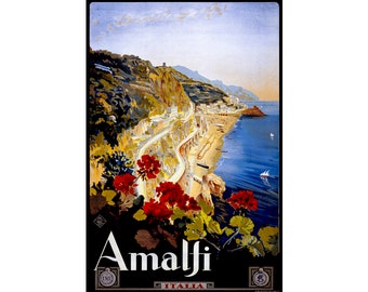 Amalfi, Italy, Travel Ad | Art Print | Canvas Print | Fine Art Poster | Art Reproduction | Archival Giclee | Gift Wrapped