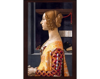 May include: A portrait painting of a woman with long, curly, blonde hair wearing a yellow and red patterned dress. The woman is looking to the left of the painting. The painting has a dark background and a wooden frame.