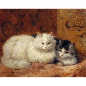 Henriette Ronner-Knip, Two cats on a cushion, Cat Print | Art Print | Canvas Print | Fine Art Poster | Art Reproduction | Archival Giclee