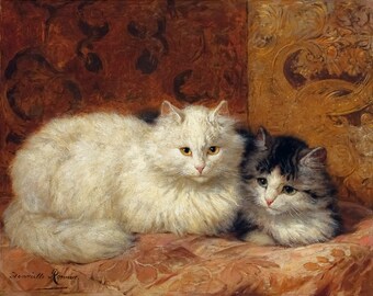 Henriette Ronner-Knip, Two cats on a cushion, Cat Print | Art Print | Canvas Print | Fine Art Poster | Art Reproduction | Archival Giclee