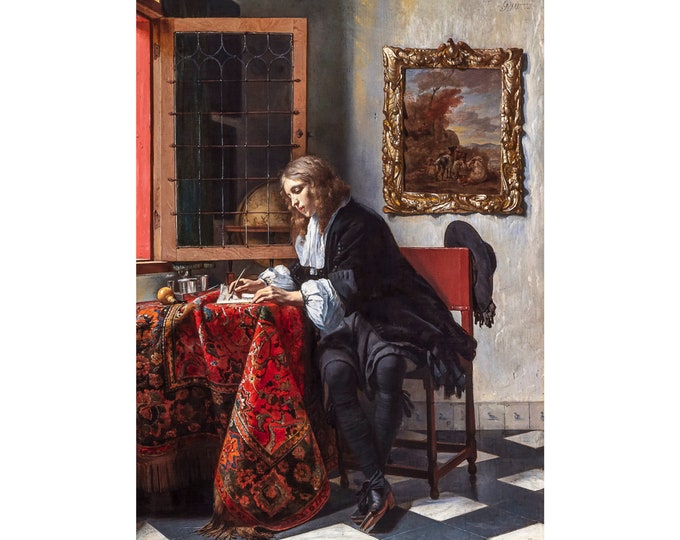 Gabriël Metsu, Man Writing a Letter, 1666 | Art Print | Canvas Print | Fine Art Poster | Art Reproduction | Archival Giclee | Gift Wrapped