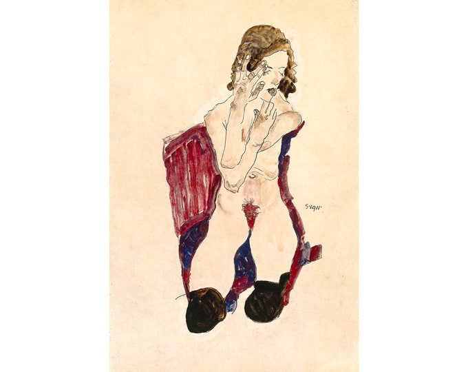 Egon Schiele, Seated Girl with Black Stockings and Folded Hands Poster, 1911 | Art Print | Canvas Print | Fine Art Poster | Art Reproduction