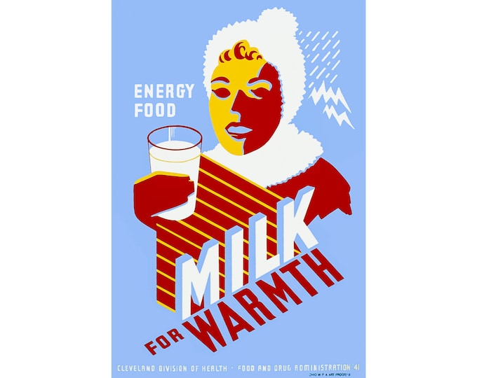 Milk for Warmth, Energy Food, Vintage Advertising | Art Print | Canvas Print | Fine Art Poster | Art Reproduction | Archival Giclee | Gift