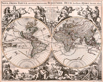 World Map, Nova orbis tabula, 1694 | Art Print | Canvas Print | Fine Art Poster | Art Reproduction | Archival Giclee | Gift Wrapped