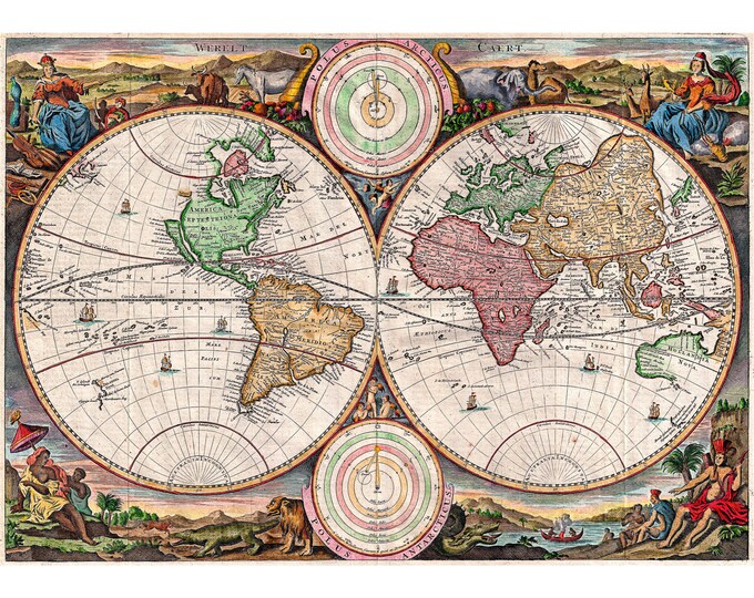 Geographicus, Stoopendaal Map of the World in two Hemispheres, 1730 | Art Print | Canvas Print | Fine Art Poster | Art Reproduction