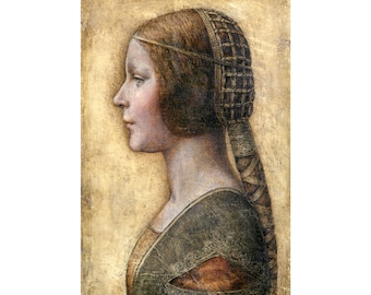 May include: A profile portrait painting of a woman with long brown hair, wearing a brown and gold head covering. The painting is done in a realistic style and the woman's expression is serene.