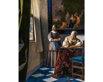 Vermeer, Lady Writing a Letter with her Maid, 1671 | Art Print | Canvas Print | Fine Art Poster | Art Reproduction | Archival Giclee | Gift
