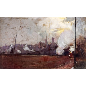 May include: A painting depicting a cityscape with a train in the foreground. The train is emitting smoke, and the city is in the background. The sky is cloudy and the colors are muted.