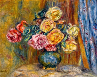 Renoir, Les Roses Au Rideua Bleu, 1912 | Art Print | Canvas Print | Fine Art Poster | Art Reproduction | Archival Giclee | Gift Wrapped