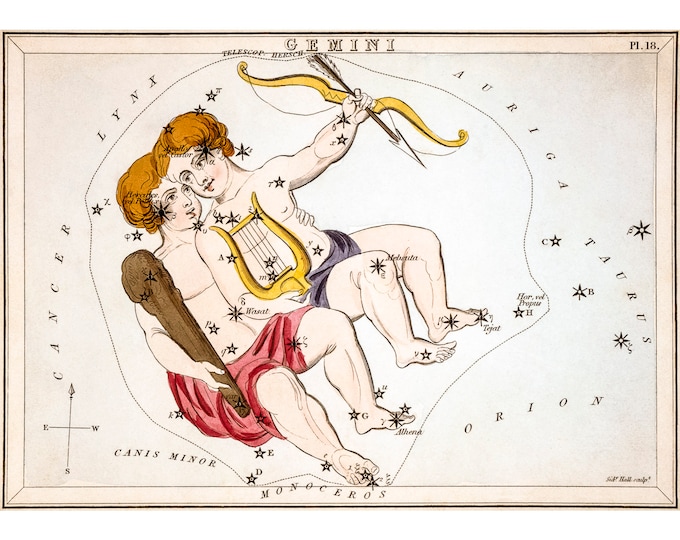Gemini Astrology Poster, Sidney Hall, Urania's Mirror, Gemini | Art Print | Canvas Print | Fine Art Poster | Art Reproduction | Archival