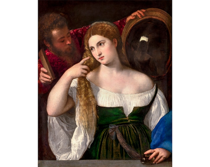 Titian, Woman with a Mirror, 1515 | Art Print | Canvas Print | Fine Art Poster | Art Reproduction | Archival Giclee | Gift Wrapped