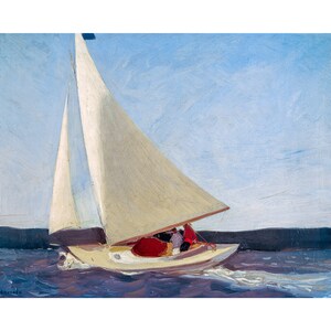 Op de afbeelding: Een schilderij van een zeilboot met witte zeilen en een rode romp, die op een blauwe watermassa vaart onder een lichtblauwe lucht.