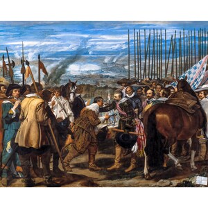 May include: A painting depicting a group of men in 17th-century clothing gathered around a table. The men are in a field with a distant landscape and a line of pikes in the background. The painting is in a realistic style with muted colors.