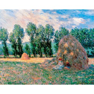 May include: A painting depicting a field with a large haystack in the foreground. The haystack is made of straw and is a light brown colour. There are trees in the background, and the sky is a light blue colour with white clouds.