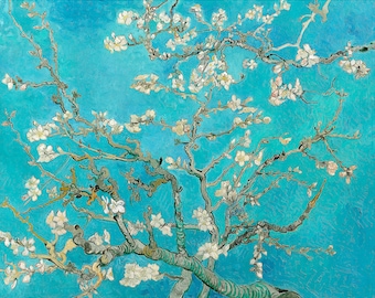 May include: A painting depicting an almond tree in full bloom, with white blossoms against a bright turquoise blue sky. The branches of the tree are painted with thick, textured strokes, giving a sense of movement and energy. The painting is notable for its bold colours and expressive brushwork, characteristic of the artist's style.