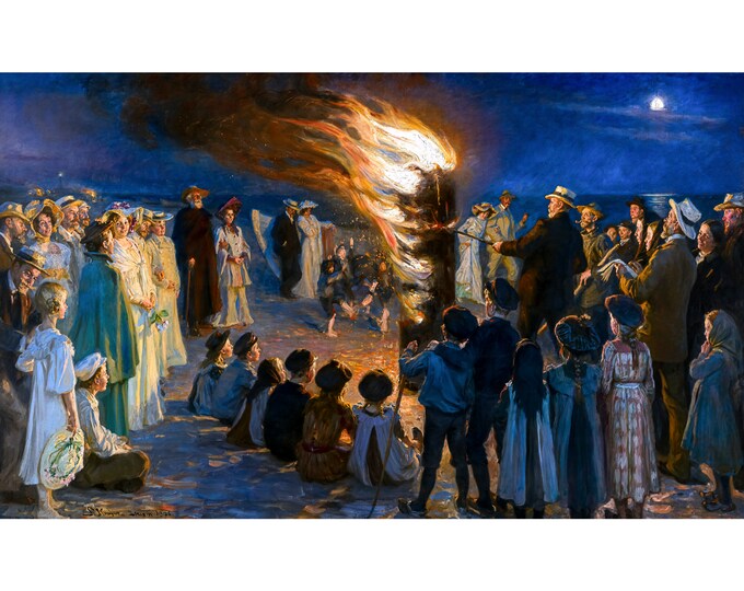 PS Krøyer, Midsummer Eve Bonfire on Skagen Beach, 1906 | Art Print | Canvas Print | Fine Art Poster | Art Reproduction | Archival Giclee