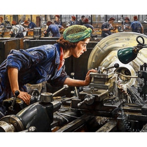 May include: A woman in a blue jumpsuit and a green hairnet operates a metal lathe in a factory setting. The lathe is surrounded by other workers and machinery.