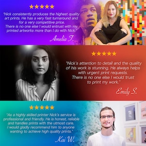 Puede incluir: Tres testimonios de clientes con cinco estrellas para una tienda de impresi&oacute;n. Los testimonios destacan la alta calidad de las impresiones, los plazos de entrega r&aacute;pidos, los precios competitivos, la atenci&oacute;n al detalle y la amabilidad del servicio.