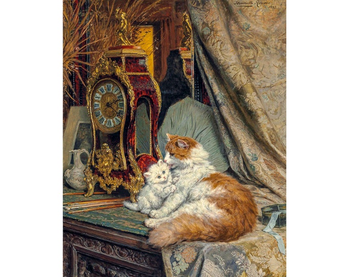 Henriette Ronner-Knip, A Mother Cat and her Kitten with a Bracket Clock, 1897 | Art Print | Canvas Print | Fine Art Poster | Art