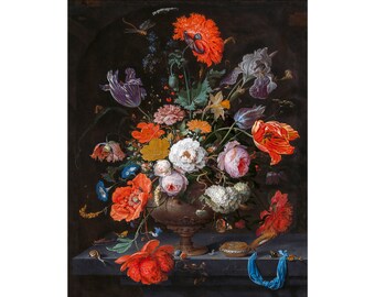 Abraham Mignon, Still life with flowers and a watch, 1679 | Art Print | Canvas Print | Fine Art Poster | Art Reproduction | Archival Giclee