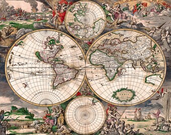 World Map, 1689, Amsterdam | Art Print | Canvas Print | Fine Art Poster | Art Reproduction | Archival Giclee | Gift Wrapped