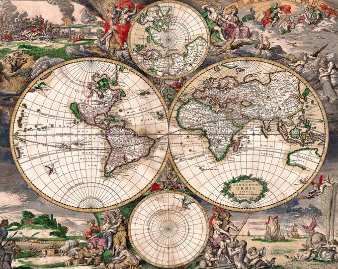 World Map, 1689, Amsterdam | Art Print | Canvas Print | Fine Art Poster | Art Reproduction | Archival Giclee | Gift Wrapped