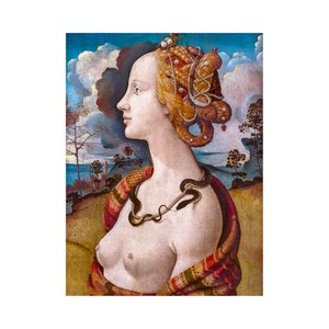 Puede incluir: Un retrato pintado de una mujer con una serpiente alrededor del cuello. Lleva un chal estampado en rojo y dorado y tiene un elaborado peinado trenzado con perlas y joyas. El fondo es un paisaje con un cielo azul y nubes.