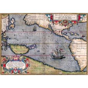Map Of The Pacific Ocean, Mar Del Zur, 1589, Cartography | Art Print | Canvas Print | Fine Art Poster | Art Reproduction | Archival Giclee