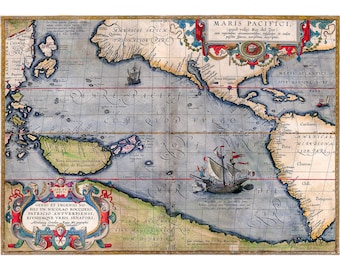 Map Of The Pacific Ocean, Mar Del Zur, 1589, Cartography | Art Print | Canvas Print | Fine Art Poster | Art Reproduction | Archival Giclee