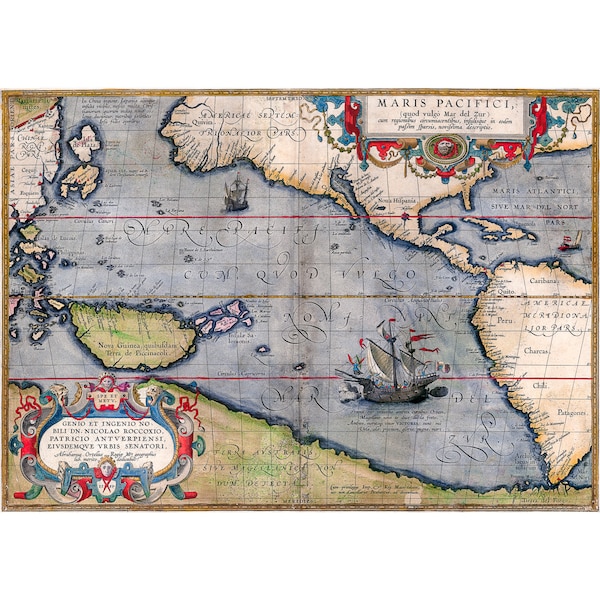 Map Of The Pacific Ocean, Mar Del Zur, 1589, Cartography | Art Print | Canvas Print | Fine Art Poster | Art Reproduction | Archival Giclee