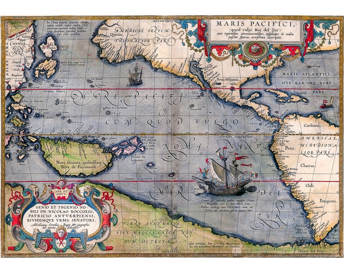 Map Of The Pacific Ocean, Mar Del Zur, 1589, Cartography | Art Print | Canvas Print | Fine Art Poster | Art Reproduction | Archival Giclee