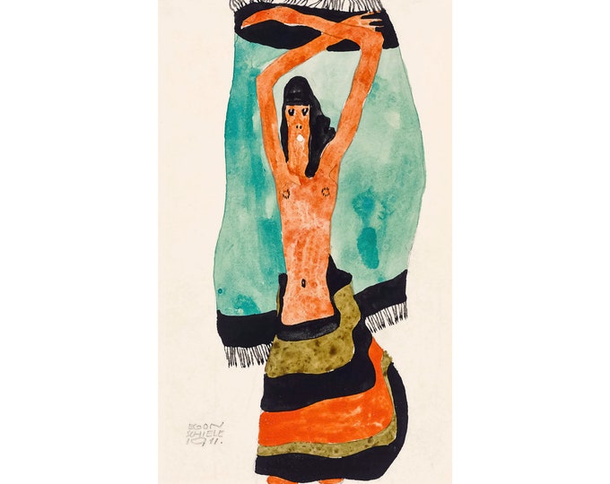 Egon Schiele, Halbakt mit erhobenen Armen, in gestreiftem Rock mit grün-schwarzem Umhang, 1911 | Art Print | Canvas Print | Fine Art Poster