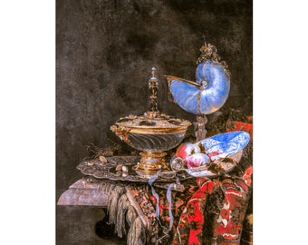Willem Kalf, Pronk Still Life with Holbein Bowl, Nautilus Cup, Glass Goblet and Fruit Dish, 1678 | Art Print | Canvas Print | Fine Art
