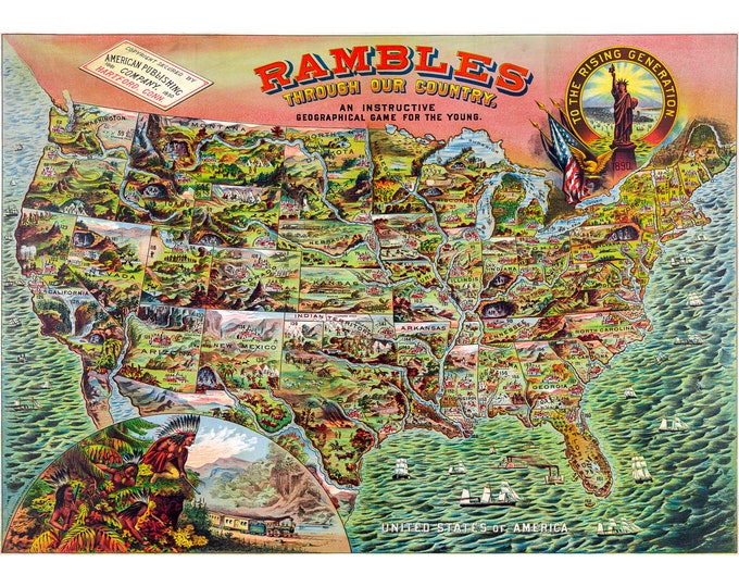 Gameboard Poster, Rambles through our Country | Art Print | Canvas Print | Fine Art Poster | Art Reproduction | Archival Giclee | Gift Wrap
