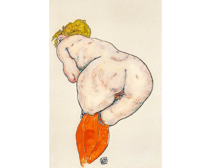 Egon Schiele, Rückenakt mit orangefarbenen Strümpfen, 1918 | Art Print | Canvas Print | Fine Art Poster | Art Reproduction | Archival Giclee