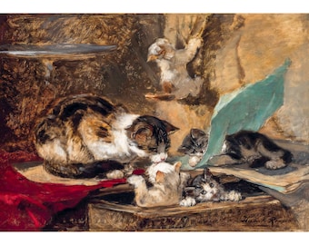 Henriette Ronner-Knip, Kittens at play, Cat Print | Art Print | Canvas Print | Fine Art Poster | Art Reproduction | Archival Giclee | Gift