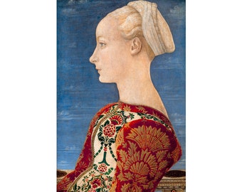 May include: A portrait painting of a woman with blonde hair, wearing a white head covering and a red and gold patterned dress.