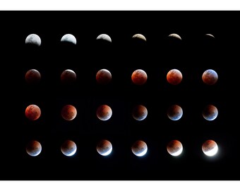 Blood Moon, Lunar Eclipse Phases, Time-Lapse | Art Print | Canvas Print | Fine Art Poster | Art Reproduction | Archival Giclee | Gift Wrap