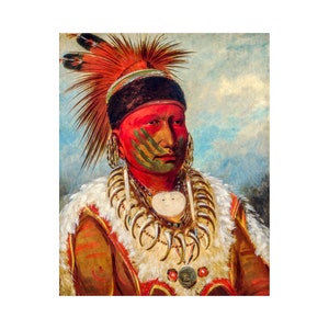 May include: A portrait painting of a Native American man wearing a red and black feathered headdress, a fur-trimmed garment, and a bone necklace. His face is painted red and green.