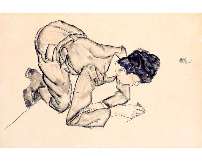 Egon Schiele, Erich Lederer, Drawing on the Floor (recto); Erich Lederer in Profile, Hand to Head (verso), Egon Schiele 1912 | Art Print
