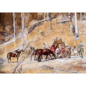 May include: A red stagecoach with a white "A.R." logo is being pulled by four horses through a dry, wooded landscape. The stagecoach is full of passengers and luggage. The horses are being led by a group of men on horseback.