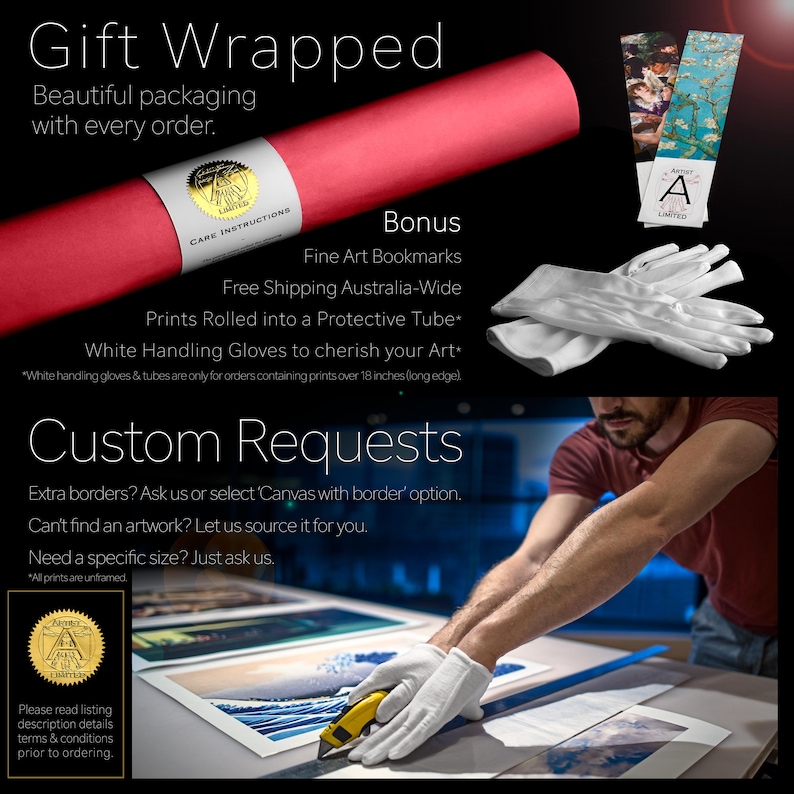 Puede incluir: Un tubo rojo con el texto "Gift Wrapped" y "Beautiful packaging with every order."  El tubo est&aacute; enrollado y tiene una etiqueta blanca con el texto "Care Instructions".  La imagen tambi&eacute;n muestra un par de guantes blancos y una impresi&oacute;n que se corta cuidadosamente con un c&uacute;ter.  El texto "Bonus" es visible, junto con el texto "Fine Art Bookmarks" y "Free Shipping Australia-Wide".  El texto "Prints Rolled into a Protective Tube*" y "White Handling Gloves to cherish your Art*" tambi&eacute;n es visible.  El texto "Custom Requests" es visible, junto con el texto "Extra borders? Ask us or select 'Canvas with border' option."  El texto "Can't find an artwork? Let us source it for you." tambi&eacute;n es visible.  El texto "Need a specific size? Just ask us." tambi&eacute;n es visible.  El texto "All prints are unframed" tambi&eacute;n es visible.  El texto "Please read listing description details terms & conditions prior to ordering." tambi&eacute;n es visible.