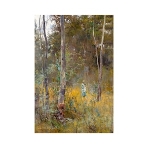 May include: A painting depicting a woman in a white dress and hat walking through a forest. The trees are tall and slender, with a light green undergrowth. The woman is small in the distance, and the light is soft and dappled.