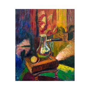 May include: A still life painting depicting a vase with a red flower, a round object, and a book on a table. The painting is executed in a vibrant style with bold strokes of colour, including red, blue, green, and yellow.