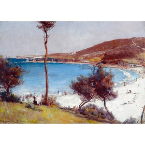 May include: A painting of a beach scene with a white sandy beach, blue water, and a green hill in the background. There are people on the beach and a few trees in the foreground.