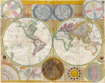Geographicus, Samuel Dunn Wall Map of the World in Hemispheres, 1794 | Art Print | Canvas Print | Fine Art Poster | Art Reproduction